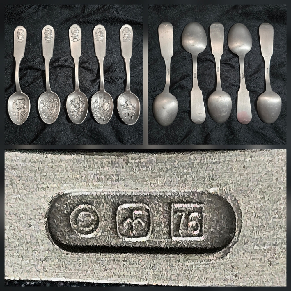 1976 Bicentennial Pewter Spoon Set Harrington Colonial Leaders W/ ORIGINAL ROLL